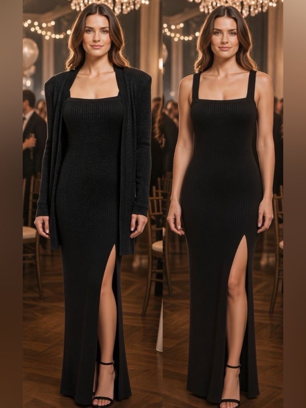 80s STEVE FABRIKANT 2PC BLACK METALLIC KNIT BODYCON EVENING MAXI DRESS & JACKET